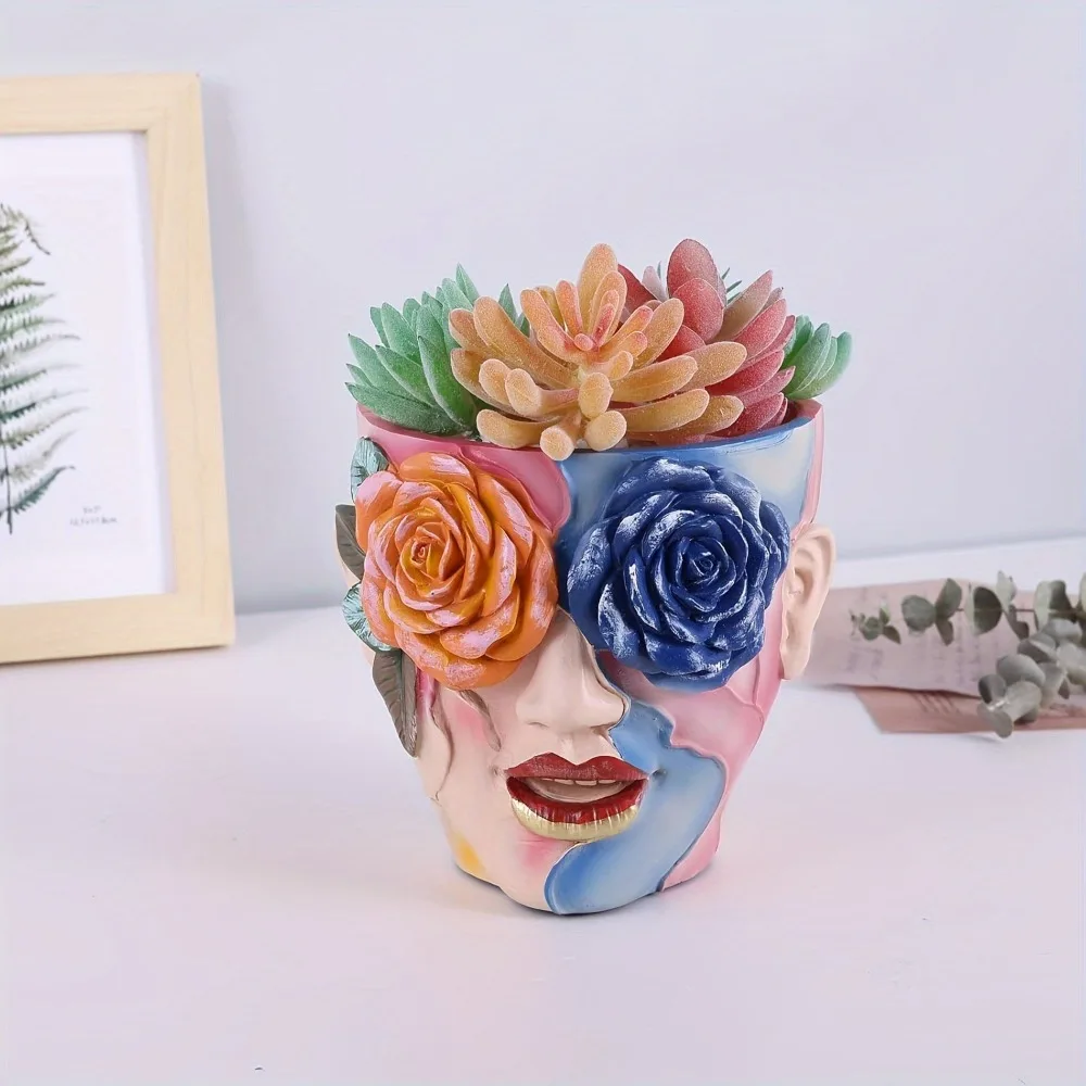 Creative Painted Rose Flowerpot Abstract Face Resin Craft Ornaments Garden Home Balcony Decoration Planting Accessories Potted