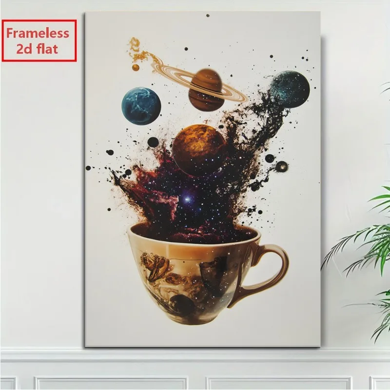 2D Flat, 1pc Unframed 2D Flat Canvas Art: Cosmic Coffee Cup Bursting with Planets StarsModern Wall Decoration, Framel, Bold S