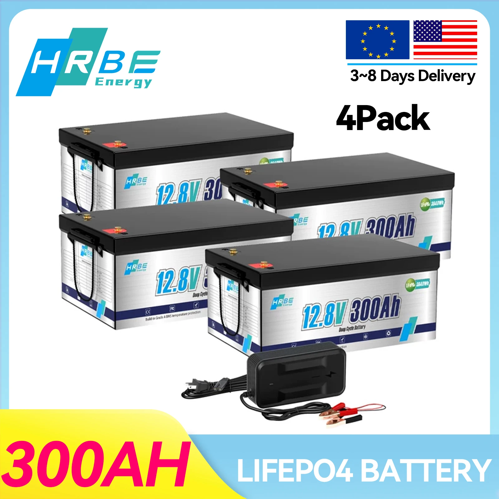 

HRBEEnergy 12V 300Ah Lithium LiFePO4 Battery,7000+ Deep Cycle with 200A BMS,3840Wh Lithium Batteries for Truck,Kayak,Solar Panel