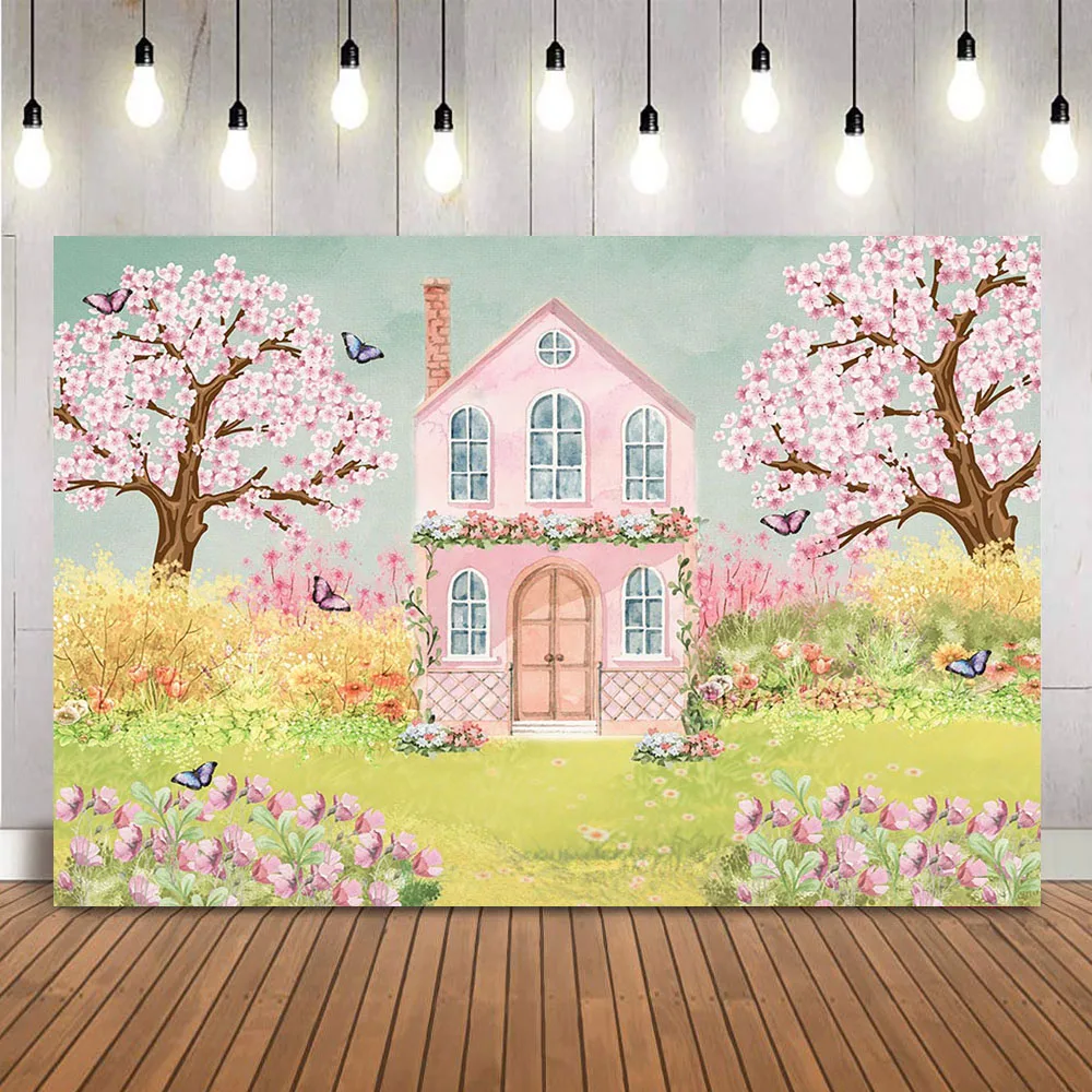 

Pink House Backdrop for Photography Garden Flowers Green Grass Cake Smash Birthday Photo Booth Background Photocall Decoration