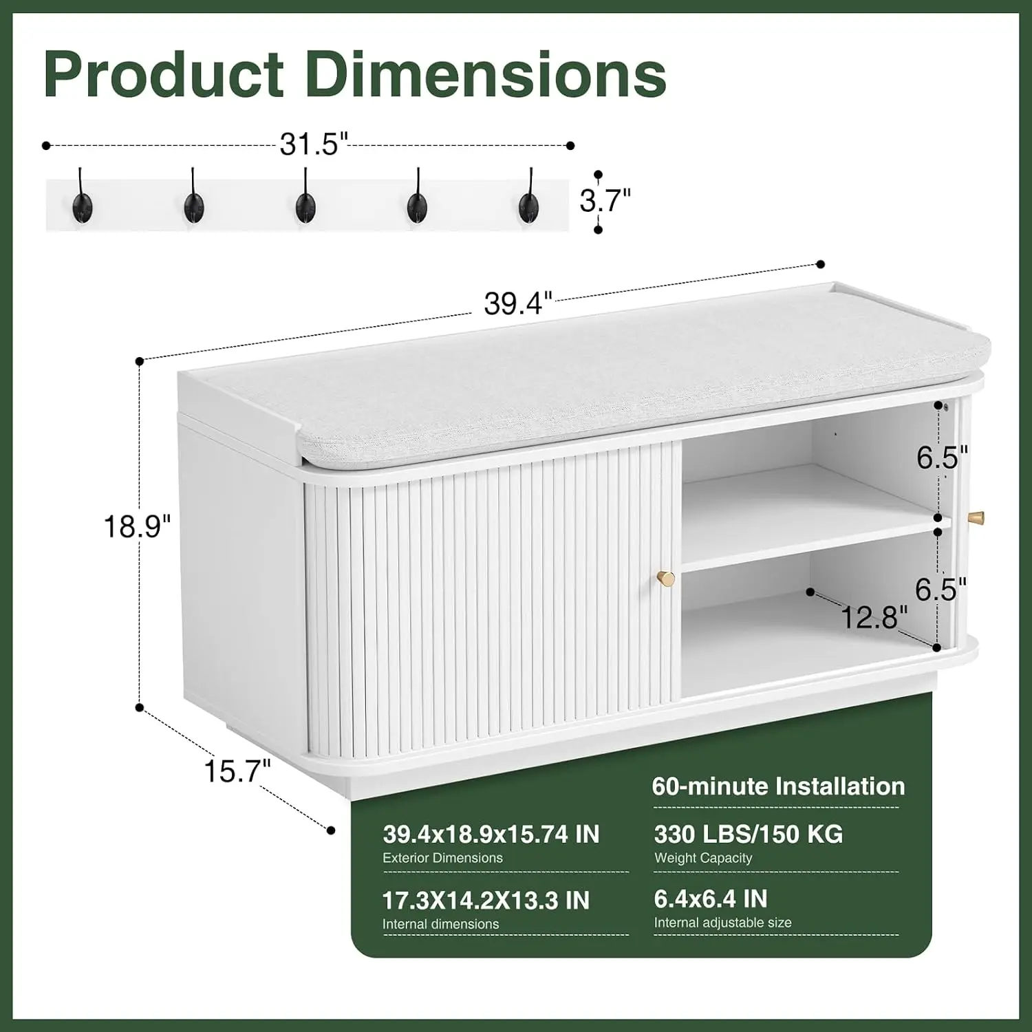 Hall Tree Bench Shoe Storage Sliding Door Cabinet Padded Seat Metal Hooks Adjustable Compartments Entry Hallway, Customized