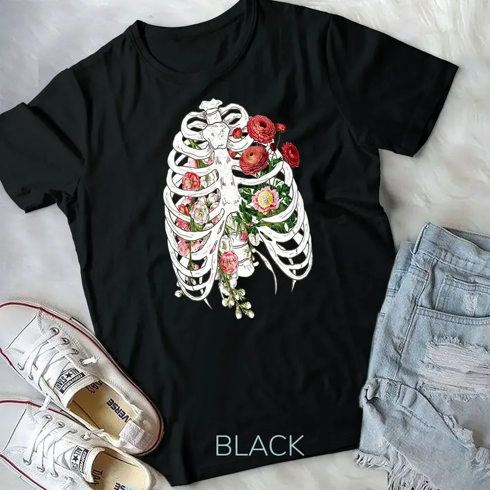 Floral Skeleton X-ray Ribcage Flower Goth Halloween Unisex T-shirt High Quality 100%Cotton Short Sleeve