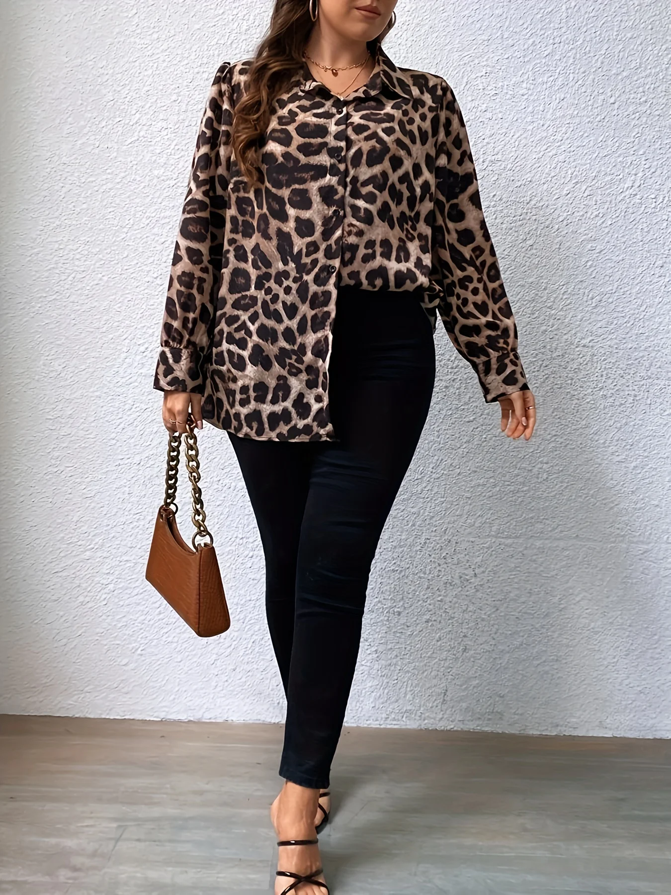 Plus Size Leopard Print Button Front Shirt, Casual Long Sleeve Shirt For Spring & Fall, Women\'s Plus Size Clothing