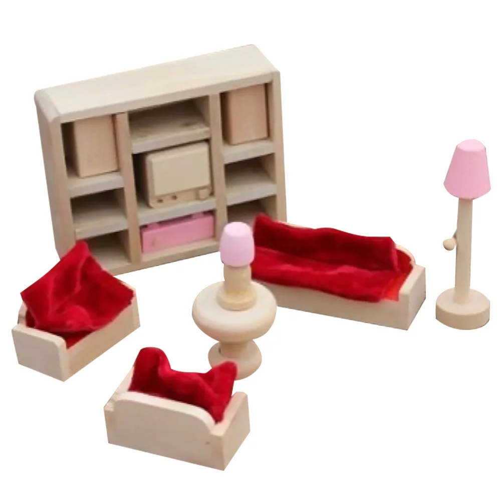 

11PCS Natural Wooden House Furniture for Lounge Room (Not include Red Pillow) mini house Funiture Set