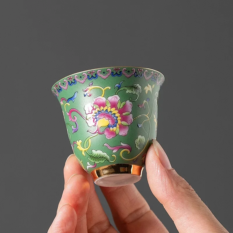 1 Pc Chinese Retro Enamel Ceramic Teacup Hand Painted Flower Pattern Tea Cup Handmade Tea Bowl Master Cup Household Tea Set