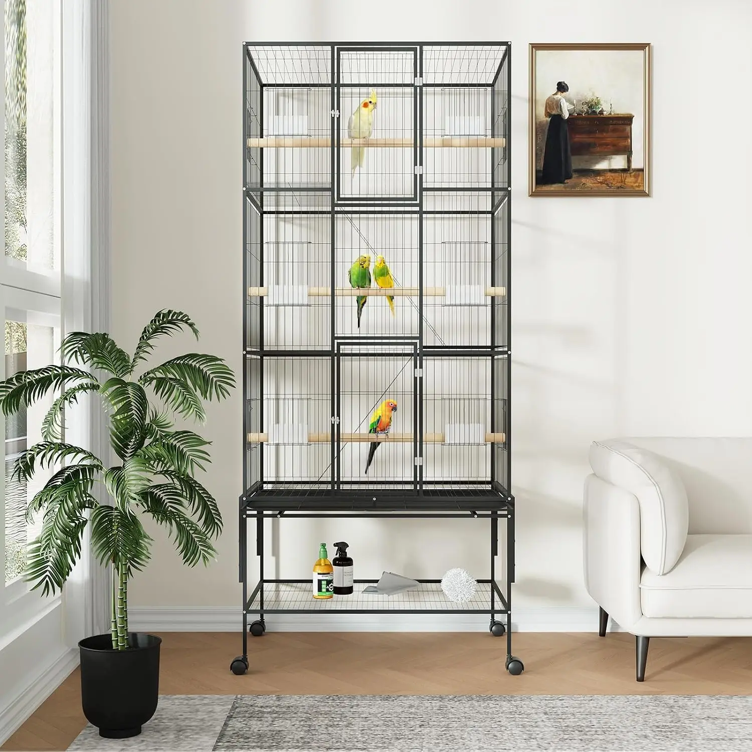 69-Inch Height Extra Large Metal Bird Cage with Rolling Stand - Wide Flight Parrot Cage for Cockatiels, Conures, Parakeets