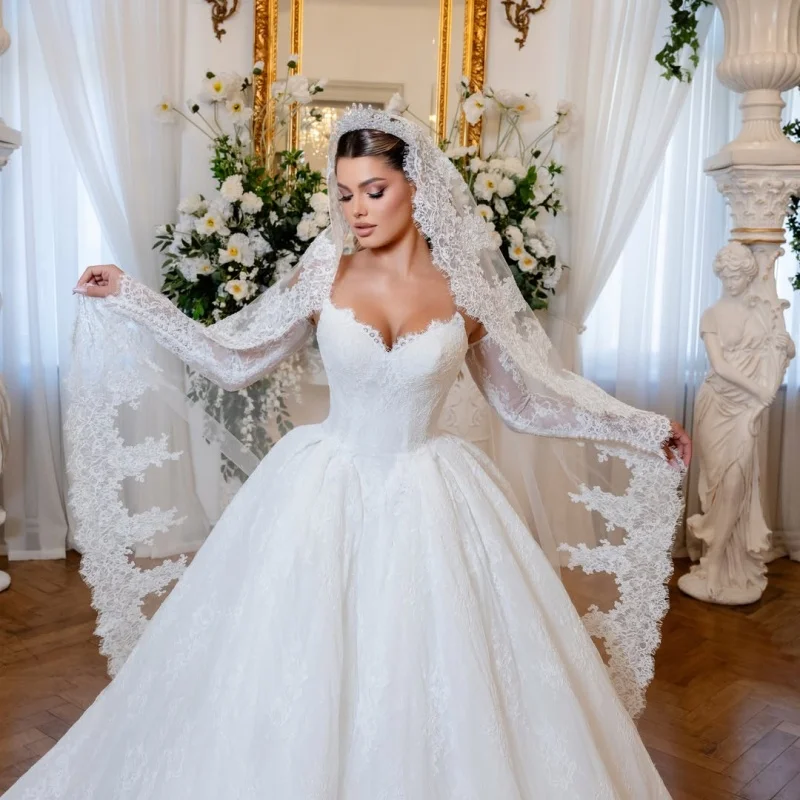 Ivory White Wedding Dresses Glitter Flower Decal Skirt Long Tail Ball-gown Skirt Layered Made Wedding Dress Bridal Gown Customiz