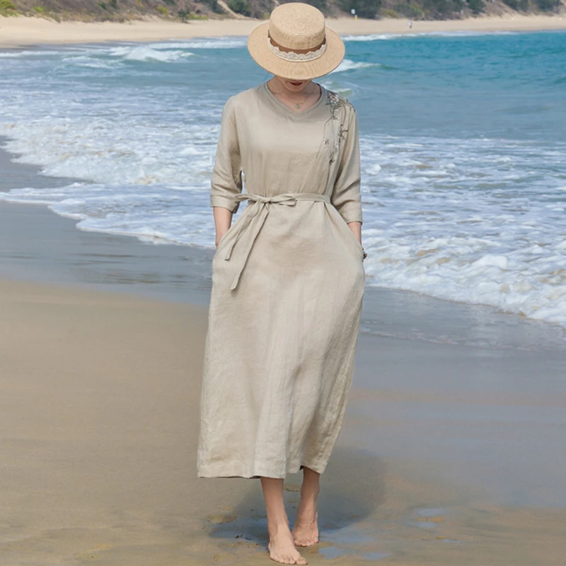 

High Quality Floral Embroidery Women Casual Linen Dress New 2026 Summer Vintage V-neck Solid Color Female Long Dresses M2389