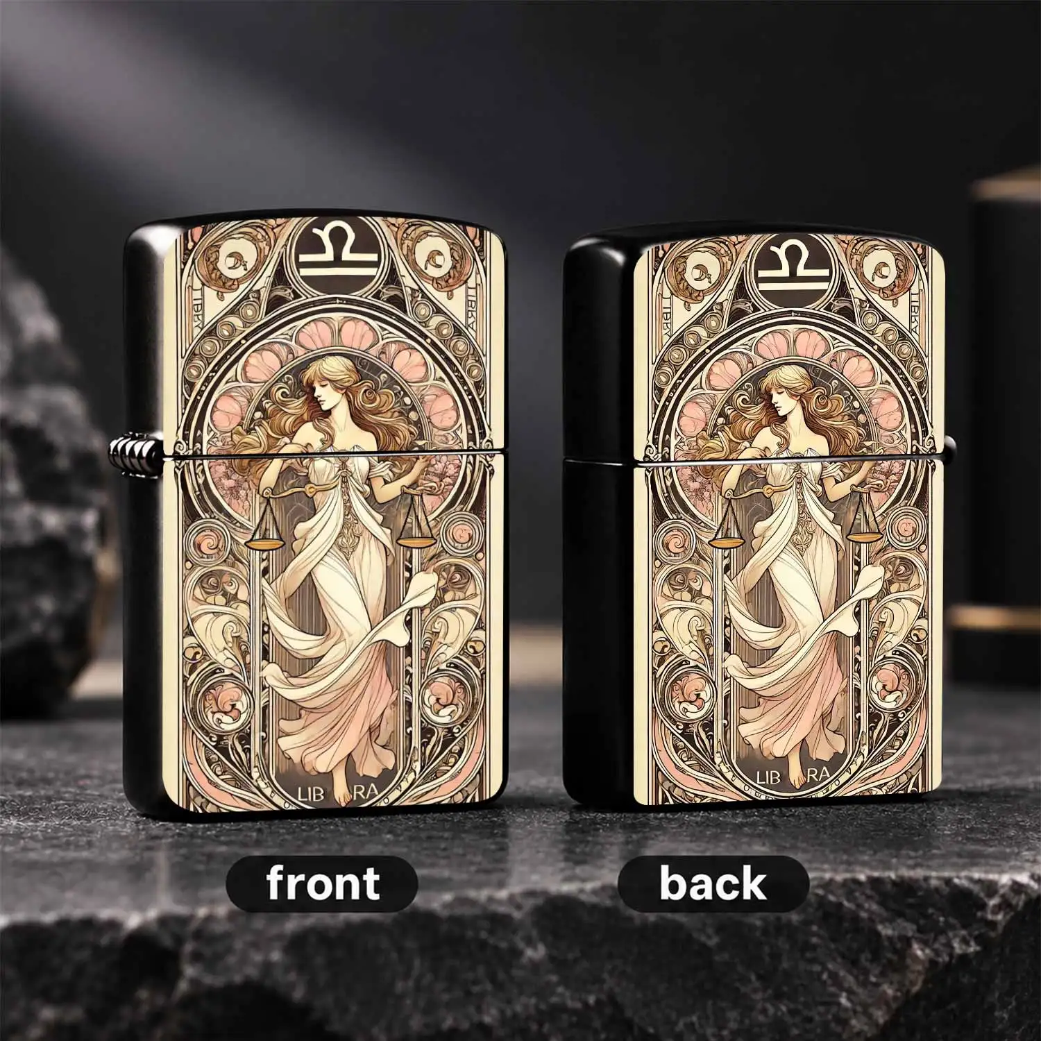 Art Nouveau Libra Themed Pocket Lighter, Exquisite Mucha Style Aesthetic Portable Igniter, Vintage Soft Pink Golden Tone Elegant Daily Use Accessory, Ideal For Gifting And All Scenarios, Chic Decorative Practical Carry Item For Astrology Ar