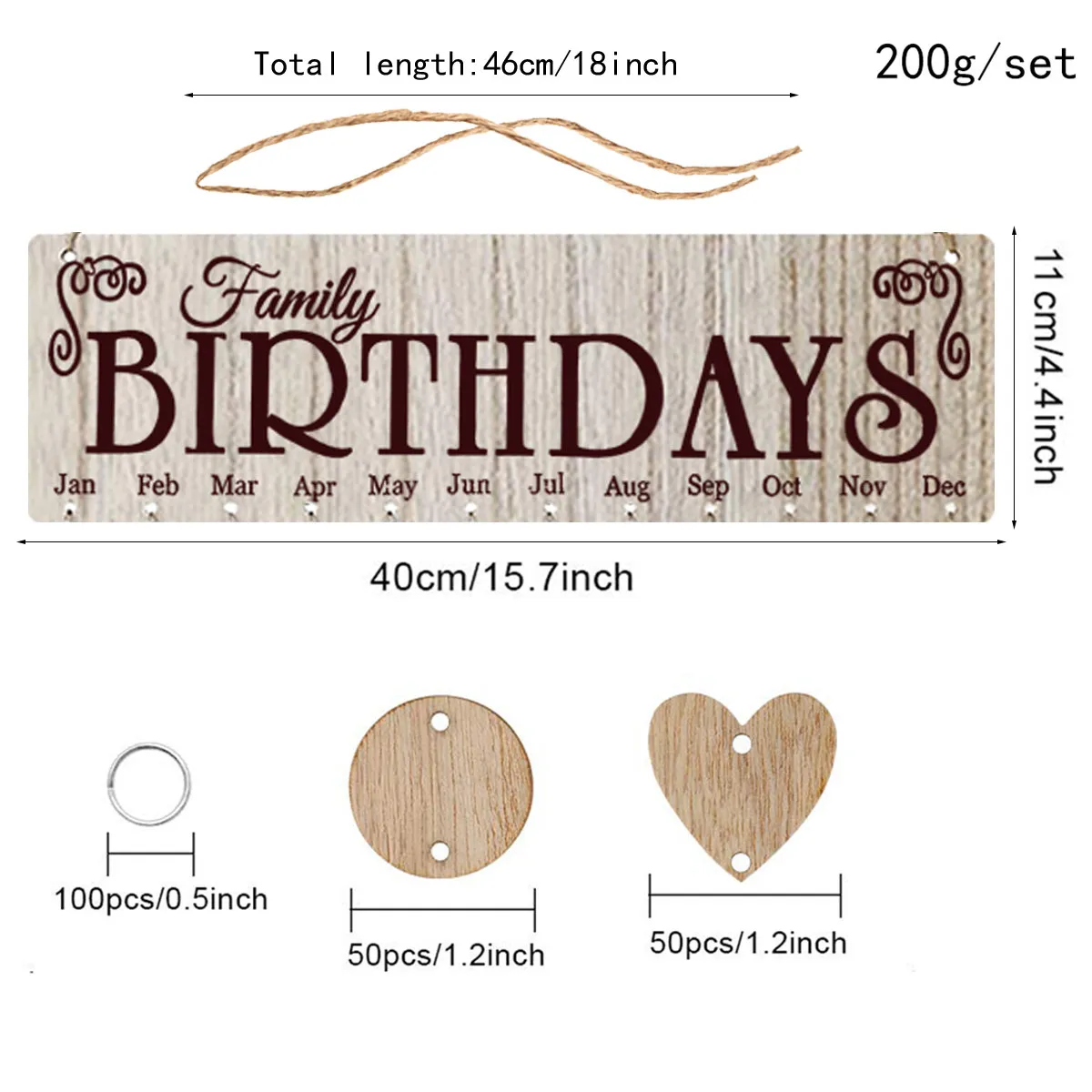 1Set Wooden Birthday Celebration Planner Board Creative Hanging Calendar Brown Plaque DIY with 50 Round and 50 Heart Pendants