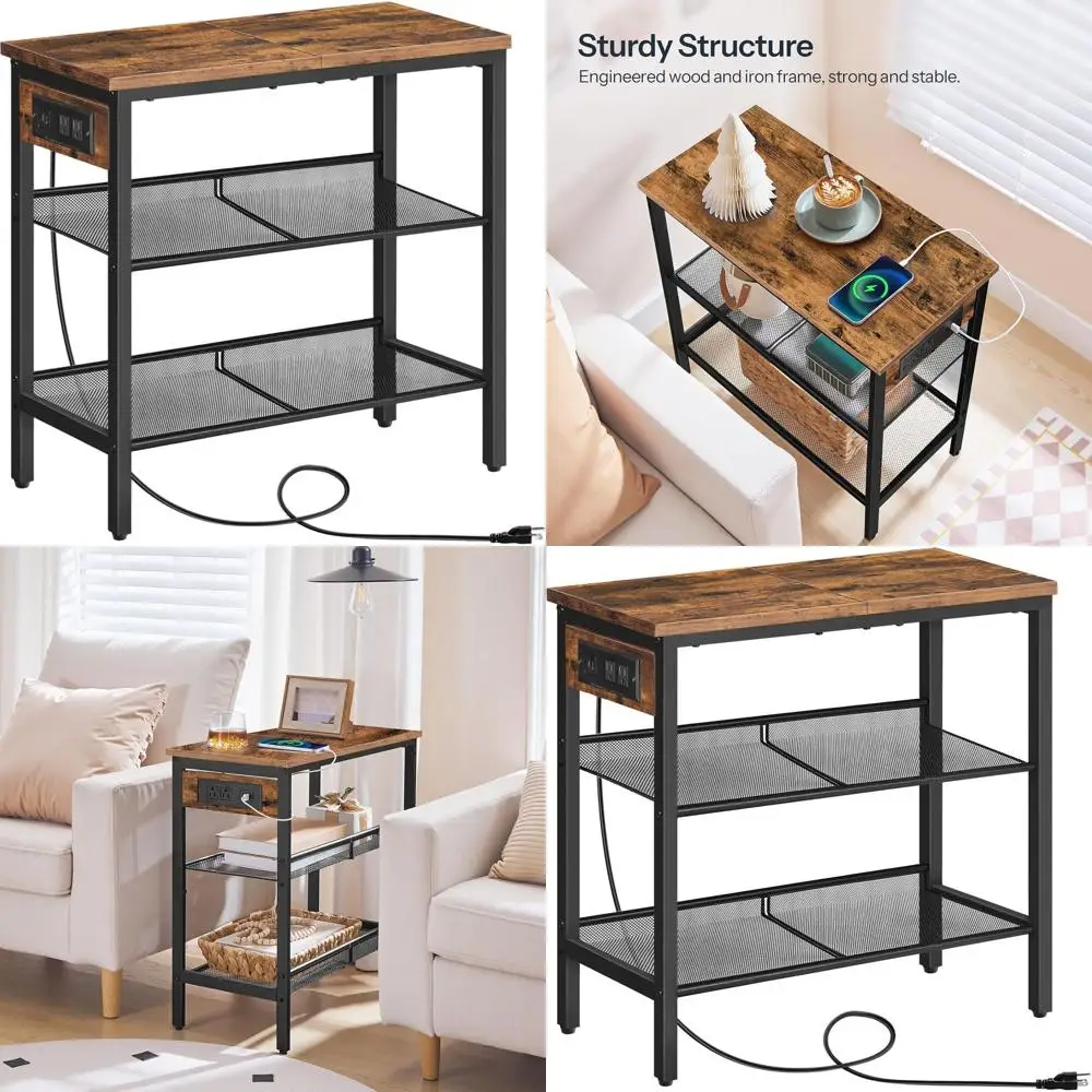 

3-Tier Charging Station Side Table, Adjustable Shelves Nightstand for Small Spaces, Rustic Brown & Black BF23UBZ01G1