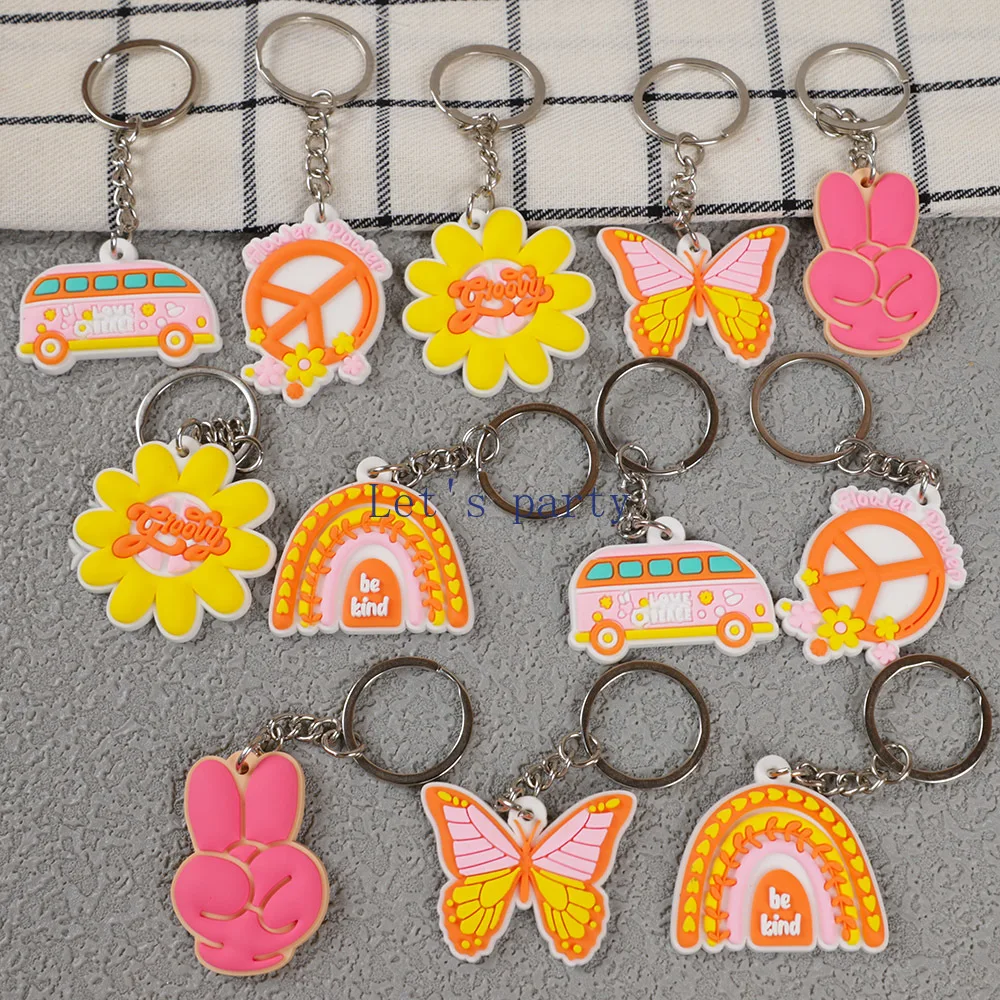 12Pcs Groovy Bohemian Theme PVC Keychains Hippie Boho Flower Backpack Pendant for Birthday Baby Shower Wedding Party Favors