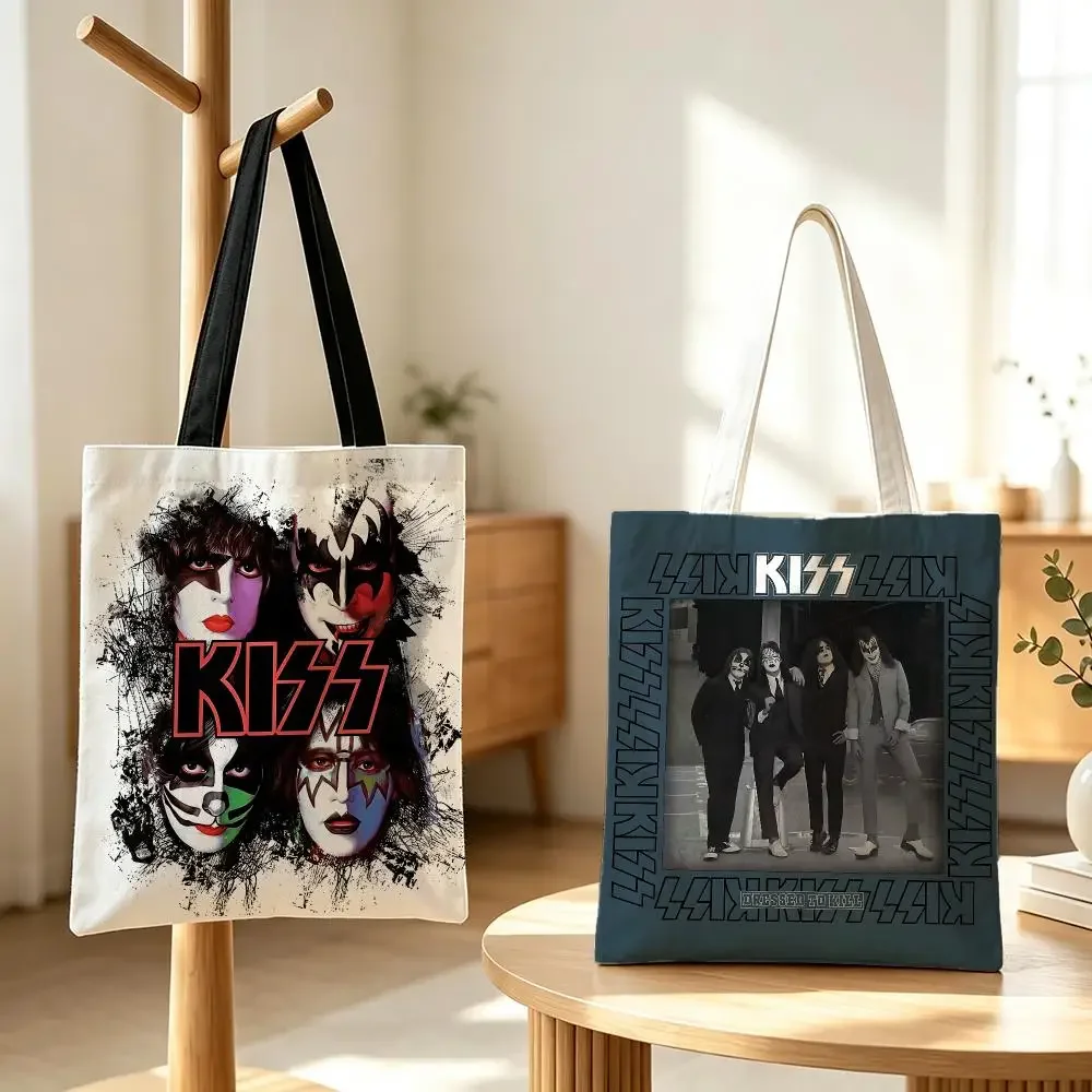 band Kiss Storage Bags Canvas Tote Bag Storage Bag Reusable Shoulder  Bag for School Work Travel Everyday Use and Gift