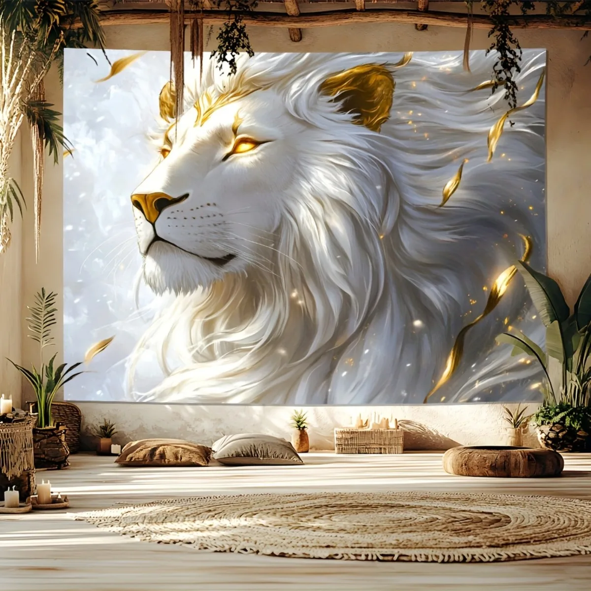 Majestic White Lion Tapestry Wall Hanging, Golden Accent Animal Print Tapestry, Boho Home Decor for Living Room Bedroom