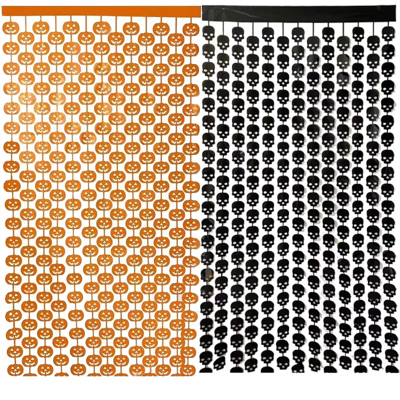 Halloween backgdrop Foil Fringe Curtains Spooky Pumpkin bat skull pattern Orange black Tinsel Curtain for Halloween photo props