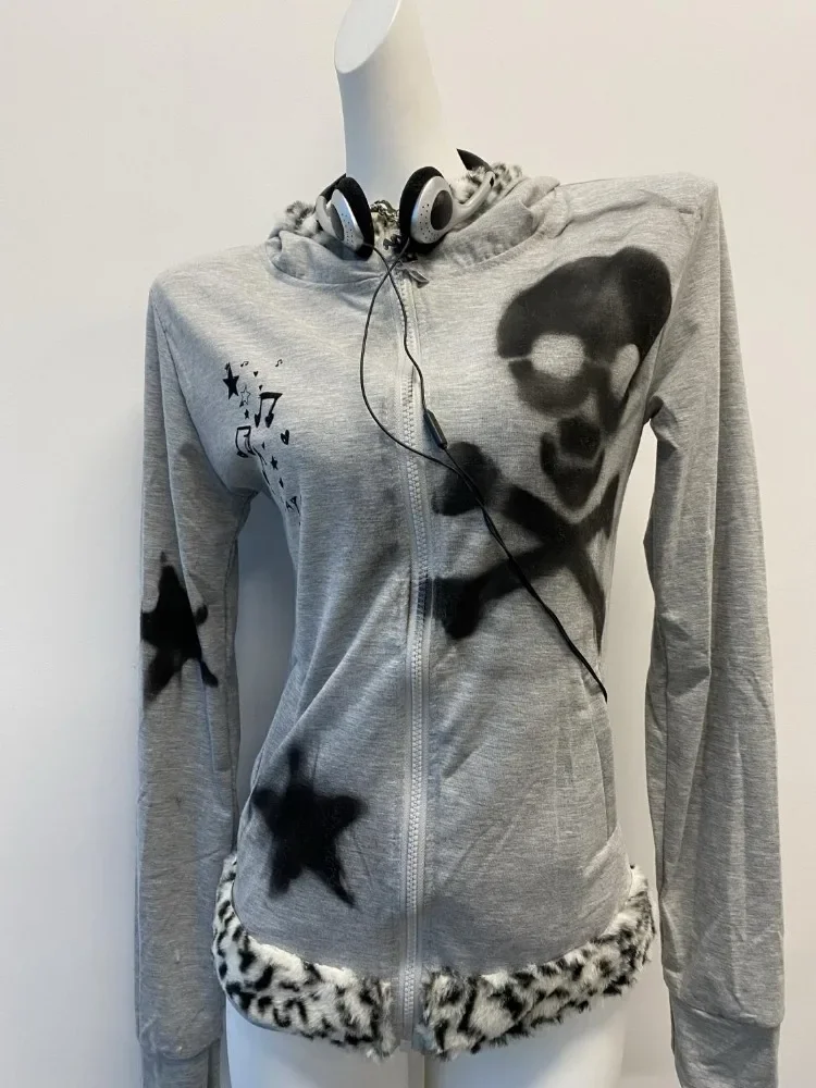 American Vintage Gothic Grunge Bunny Ears Hoodie Y2k Zip Up Sweatshirt Streetwear Anime Cute Punk Jacket Print Slim Coat New