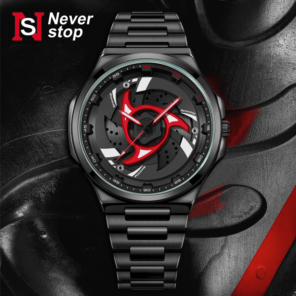 Car Rim Dial Watch for Men Rotating Wheel Quartz Wristwatch Stainless Steel Sport Racing Style Automotive Inspired Watch