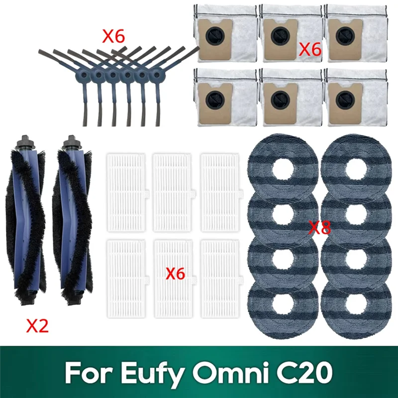 A23F-For Eufy Omni C20 طقم المكنسة الكهربائية: كيس الغبار، فلتر Hepa، الأسطوانة، فرشاة جانبية، قطع غيار قماش الممسحة