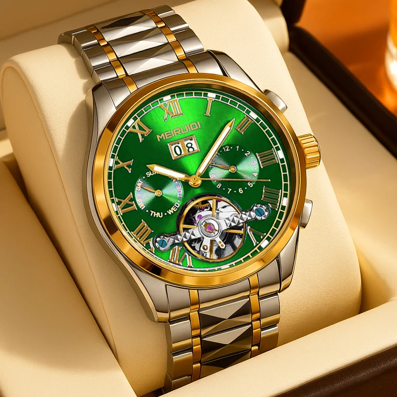

1pcs Men's Room Gold Green Elegant Wind Luxury Calendar Fully Automatic Multi functional Mechanical Watch