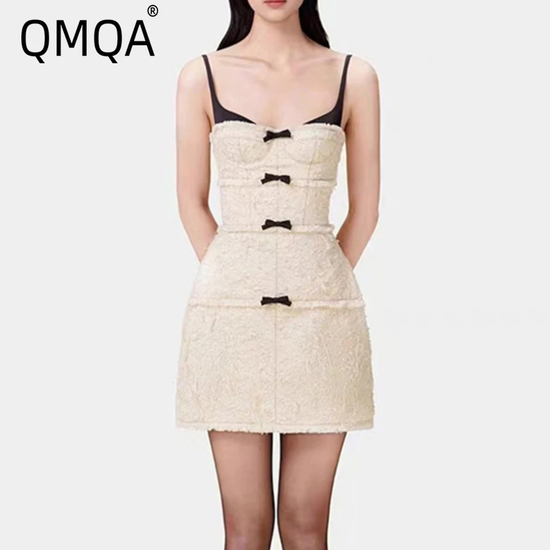 

QMQA Fashion Women's Elegant Dresses Square Collar Sleeveless High Waist Slimming Spliced Bowknot Mini Dress Female New 1A568