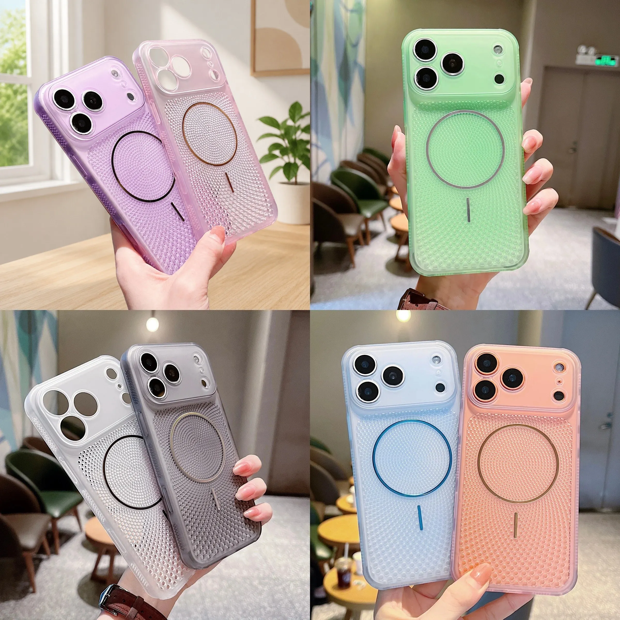 غطاء هاتف نحيف من البولي كربونات مع فتحات شبكية لتبديد الحرارة بلون خالص لأجهزة iPhone 17 16 15 14 13 Pro Max مع تبريد ودعم Magsafe المغناطيسي