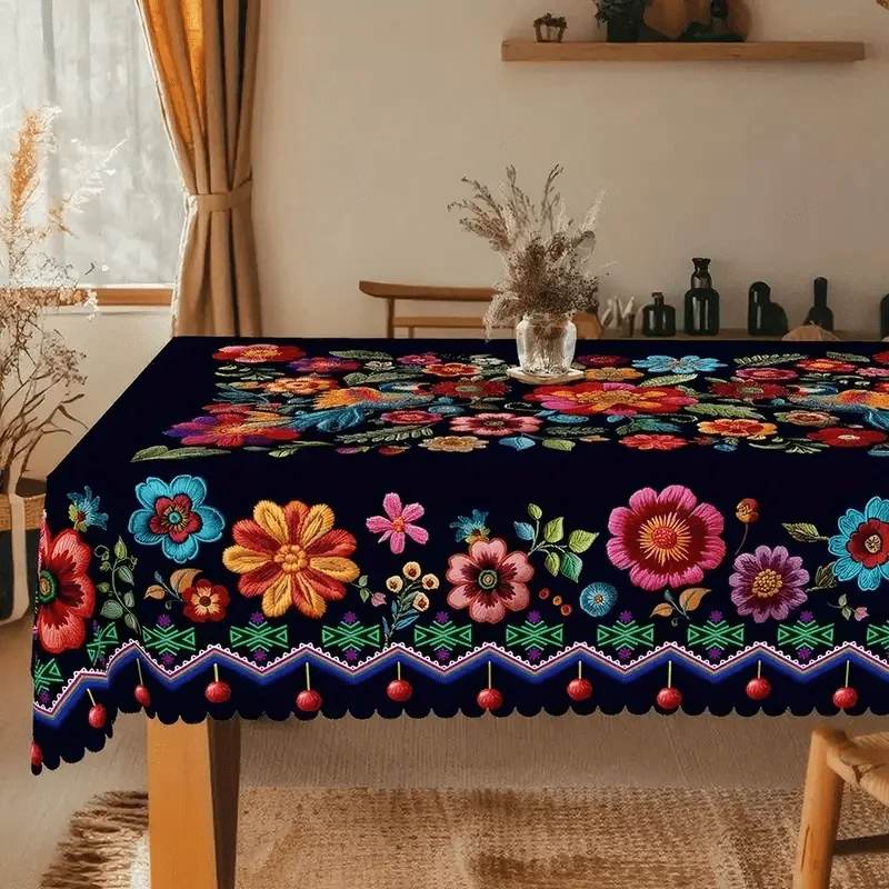1pc Mexican Style Round/ Rectangular Tablecloth with Vibrant Multicolor Floral Pattern - Traditional Southwestern Design in Red,