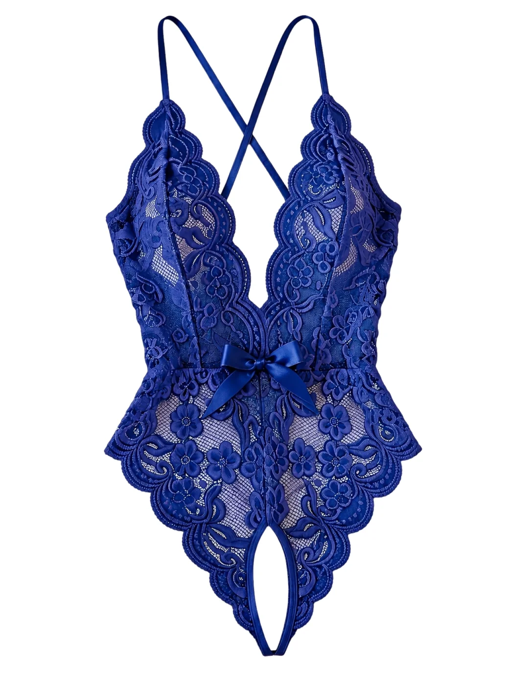 Blue Lace Open Crotch Bodysuit for Women Sexy Backless Floral Design Teddy Erotic Lingerie Romantic Wedding Nightwear