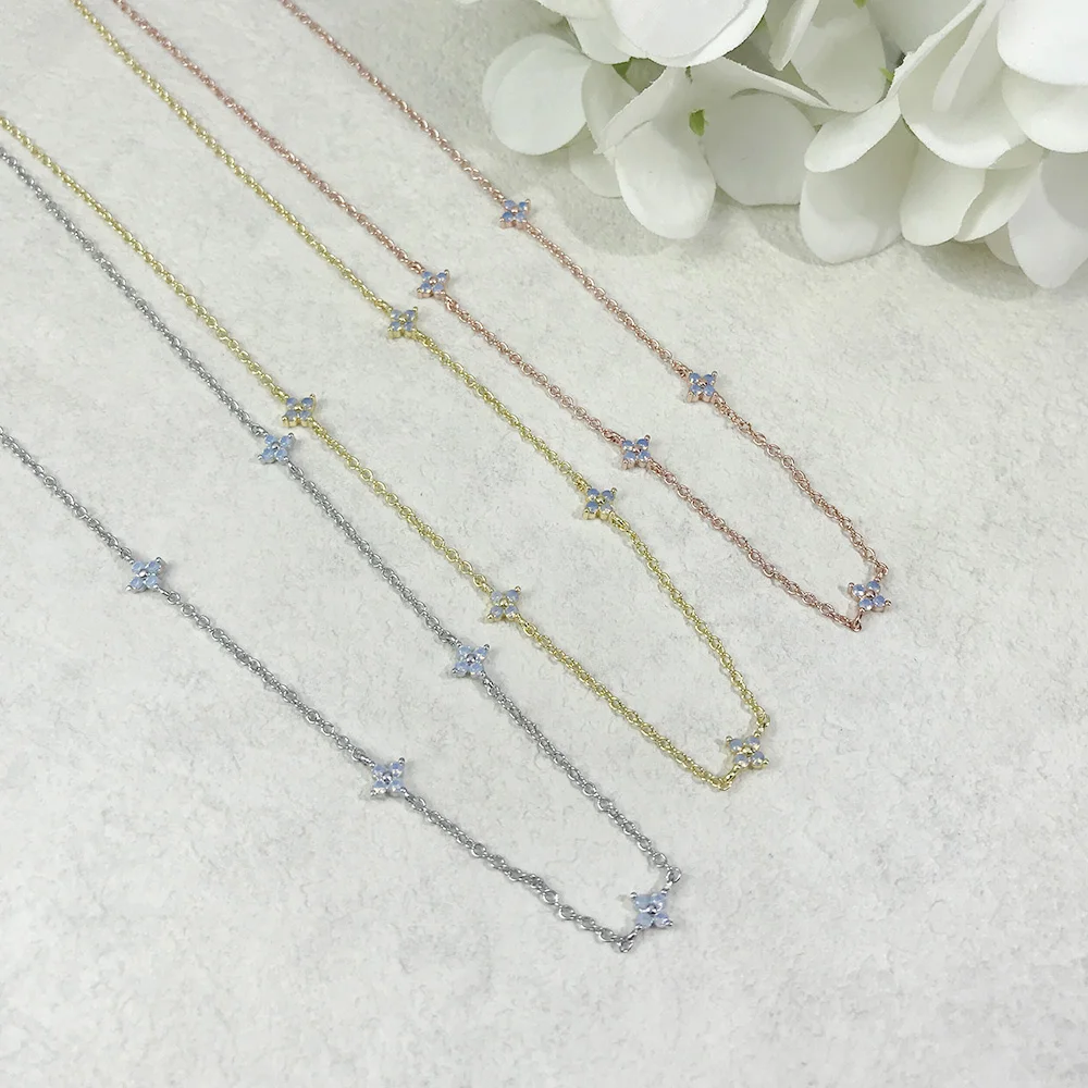 New Design Leaves Flower Necklace For Women Charm Blue Crystal Four Clover Choker Chain Luxury Jewelry Gift Wholesale KDN005