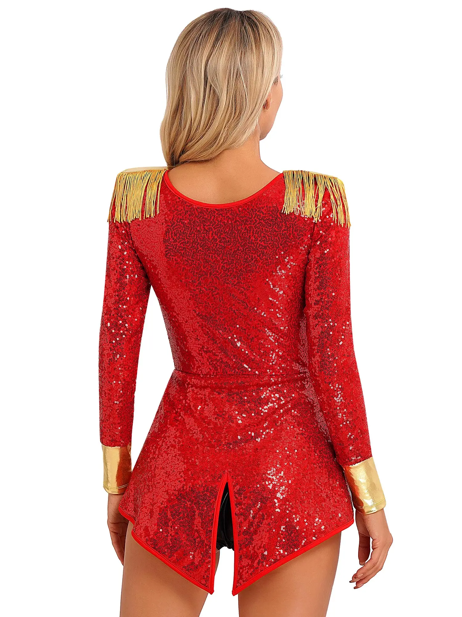 Dames 4 Stuks Volwassen Circus Circuskostuum Glanzende Lovertjes Patchwork Bodysuit Met Hoed + Strik + Kraag + Handschoenen Voor Halloween Themafeest