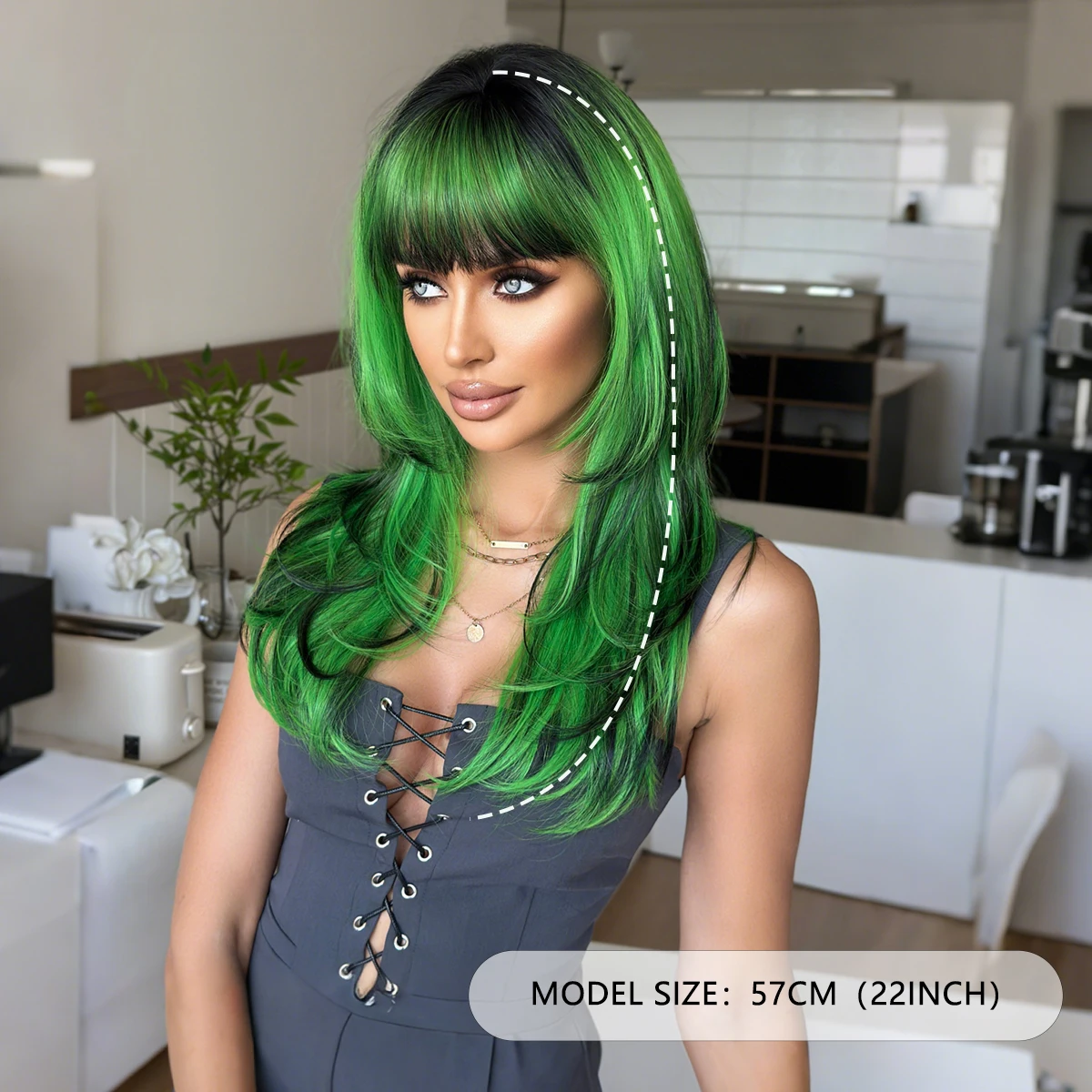 NAMM Long Wave Green Wigs For Women With Bangs Natural Dark Roots High Quality Synthetic Fiber Wig Hair Tail Dyed Black