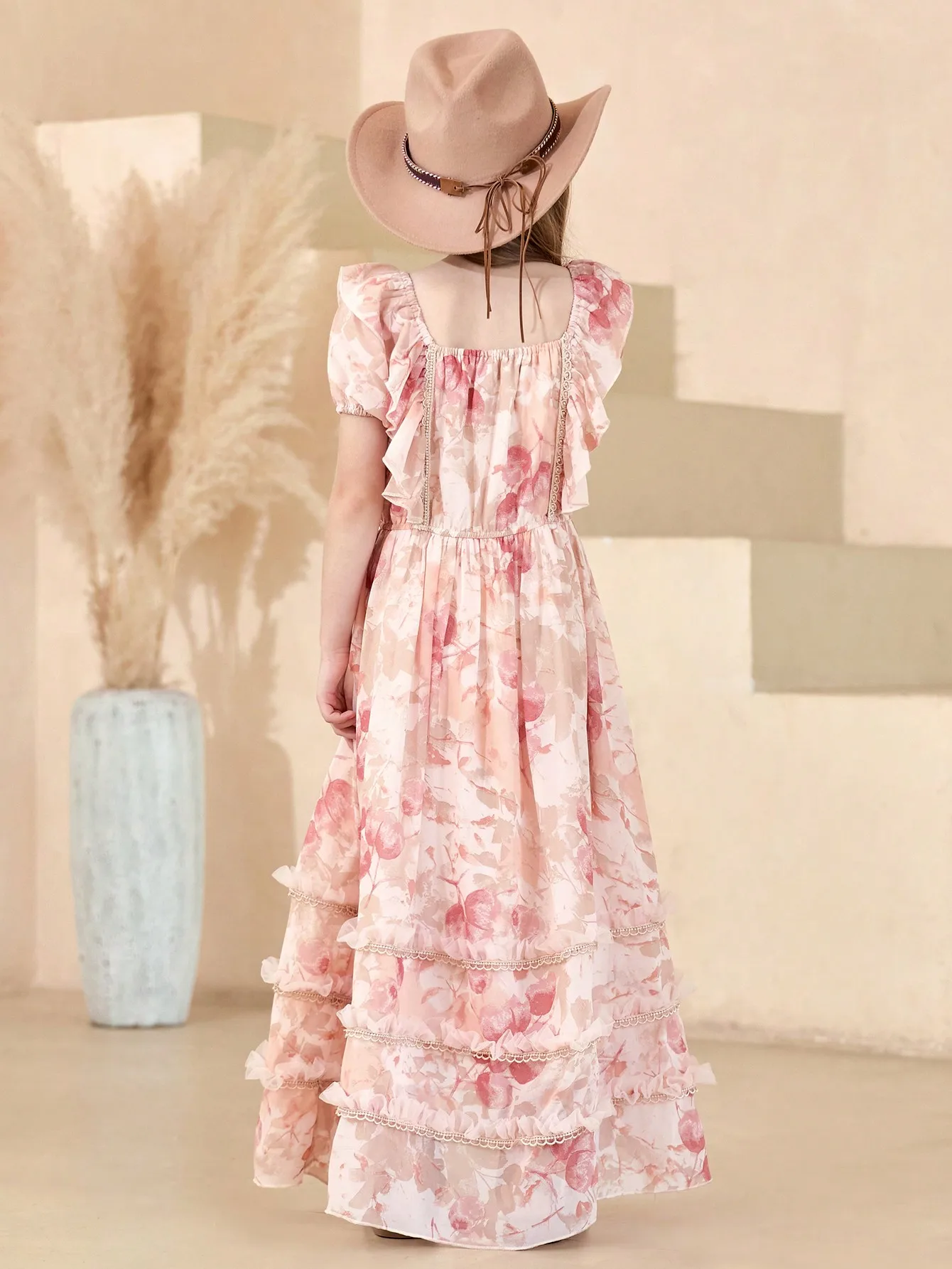 Summer Hot New Girl's Random Printed Pleated Lantern Sleeve Dress Fashionable and Casual Children's Skirt