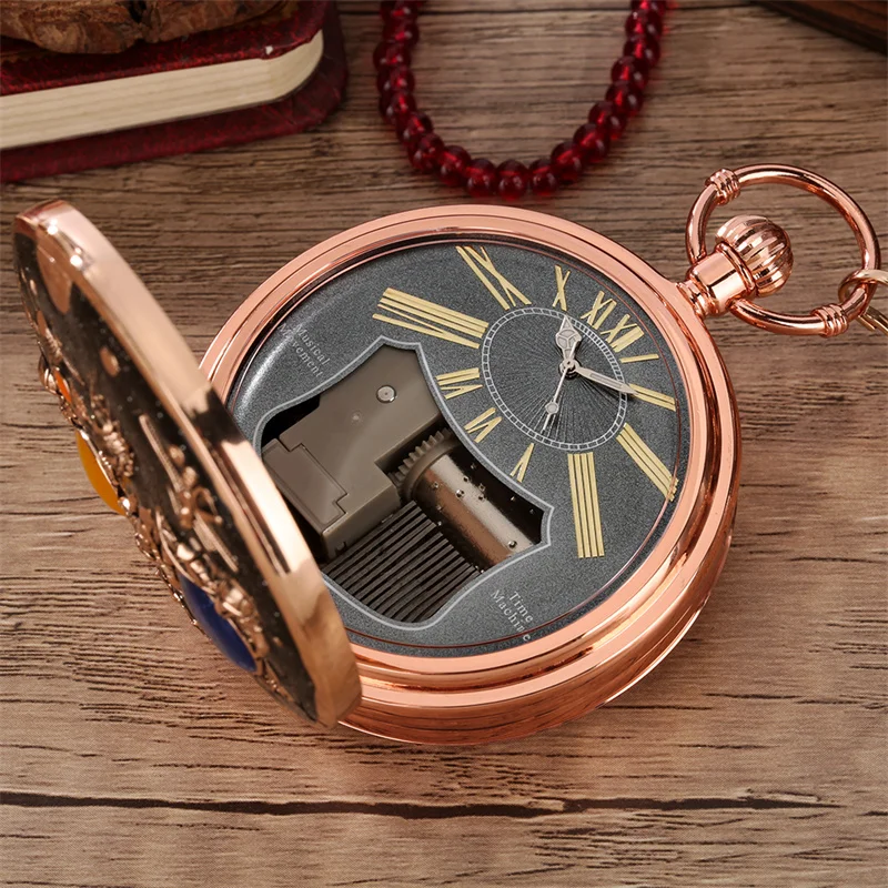 Steampunk-Stil Weltraum-Astronaut Musikalische Quarz-Taschenuhr mit Melodie aus dem Film „Castle in the Sky“, neuartige Zeitmesser mit Anhängerkette – Detail 8