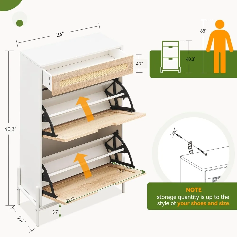 2 Flip Down with 1 Drawer Free-Standing Shoe Rack, Shoe Cabinet Wood Organizer Freestanding with 3-Tier Adjustable Shelves