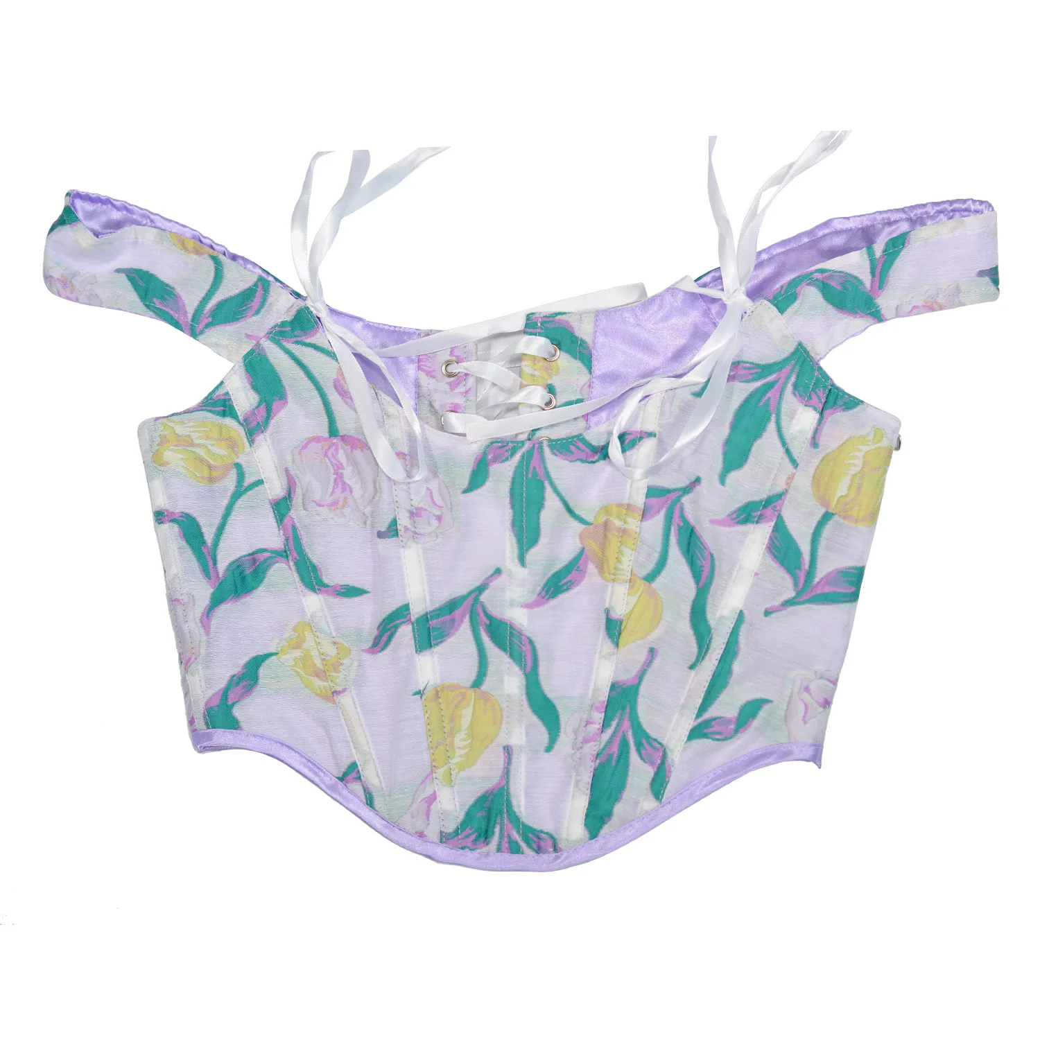 

Elegant Purple Corset for Women Vintage Y2k Sexy Bustiers Tops Yellow Floral Slimming Bodices Off Shoulder Lace-up Zip Corsets