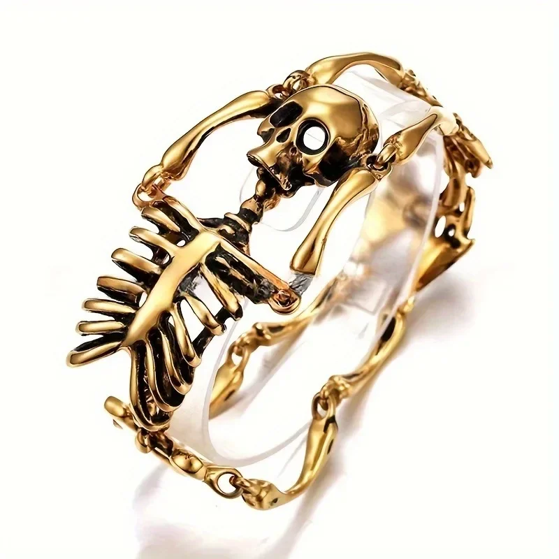 Exaggerated Gothic Punk Ghost Head Titanium Bracelet Stainless Steel Skeleton Bracelet Fashion Hip Hop Men's Party Accessories