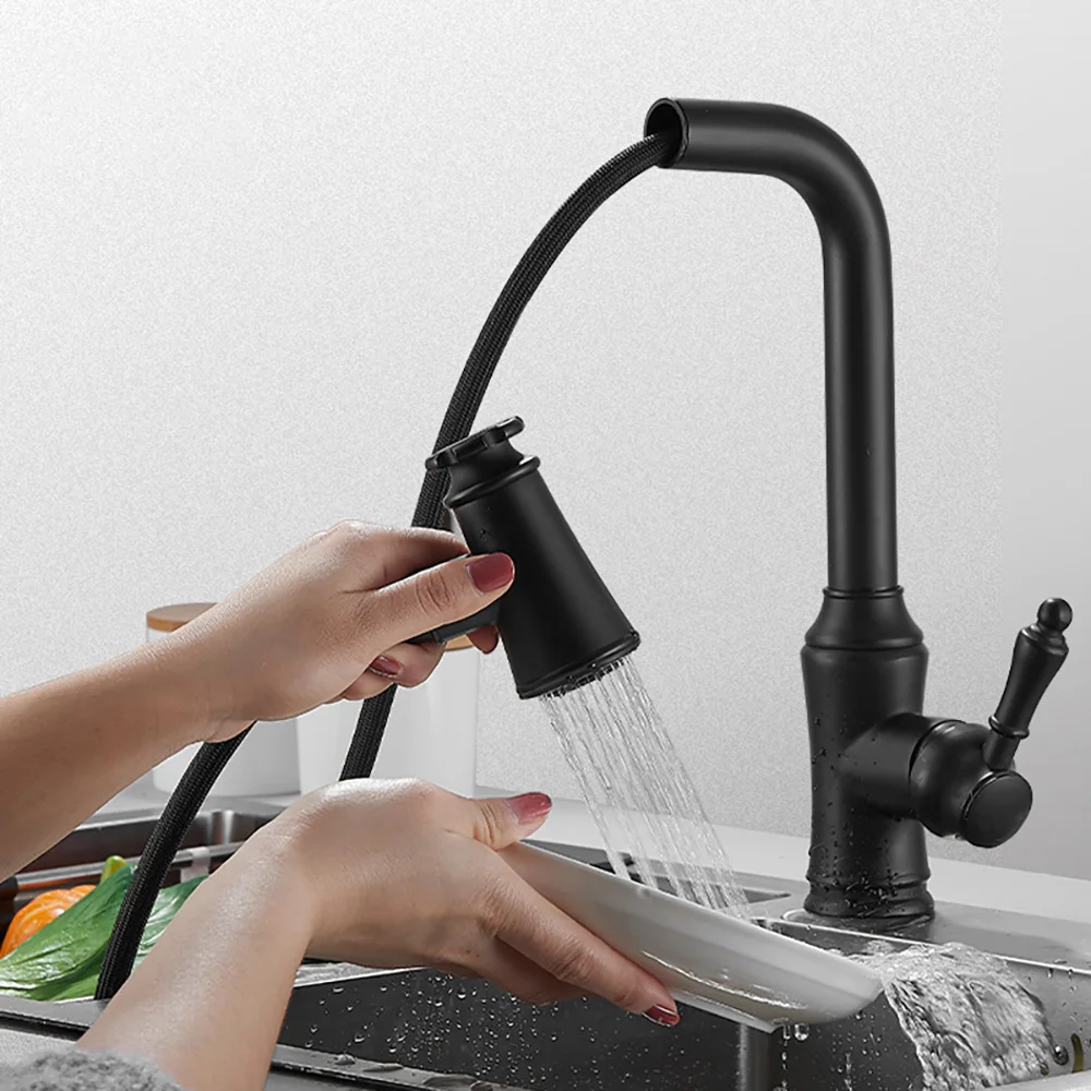 Tianview Brass black pull-out household kitchen faucet hot and cold water basin chrome-plated black paint shower booster faucet