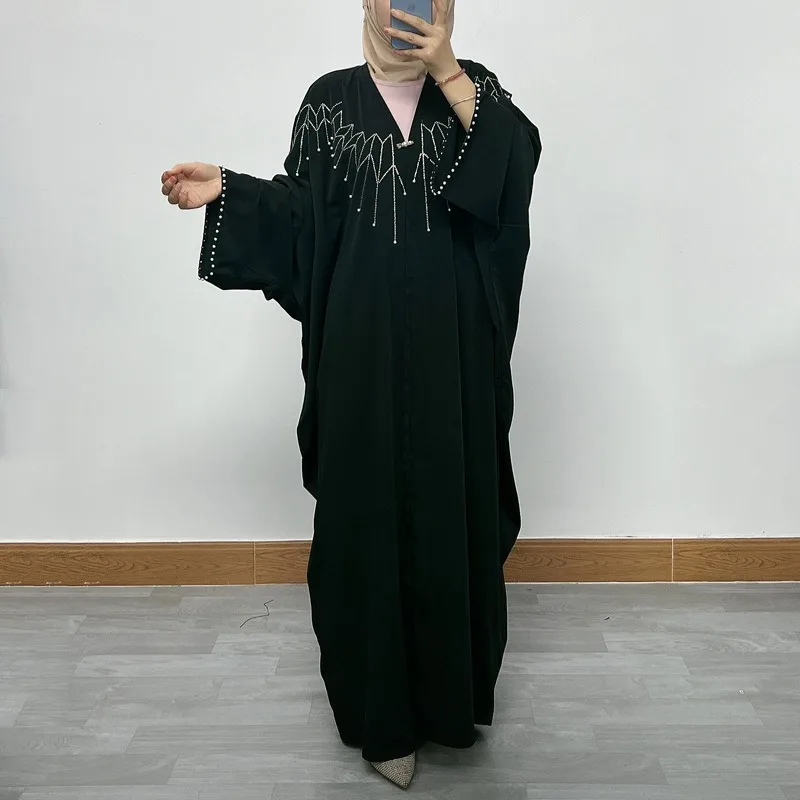 

Elegant Fashion Embroidery Middle East Women Abaya Long Dress Open Front Loose Bat Sleeve Pearl Floral Applique