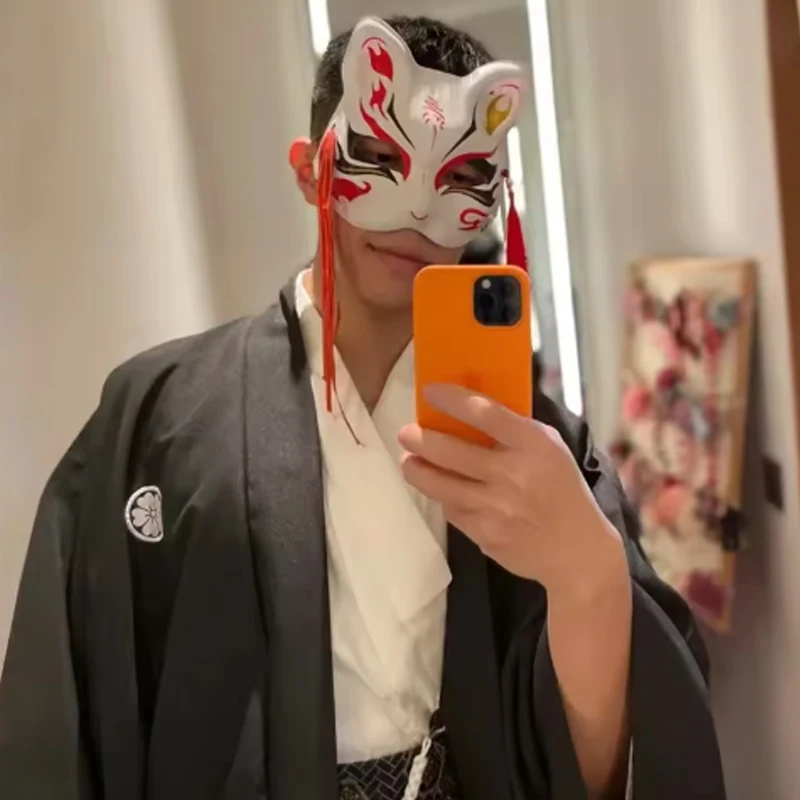 Japońska Maska Pół Twarzy Ręcznie Malowana Maska Kota Lisa Anime Demon Slayer Maskarada Halloween Festiwal Cosplay Rekwizyt Prezent na Nowy Rok