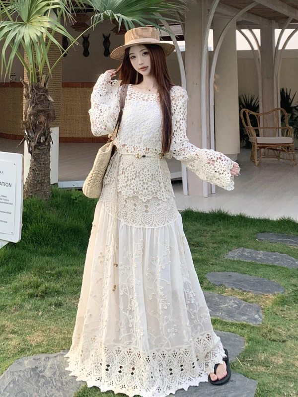 

Casual Knitted Summer Set for plus Size Women Long Sleeve Lace Splice A-Line Skirt And Top Layering Vest Loose Fit Office Wear