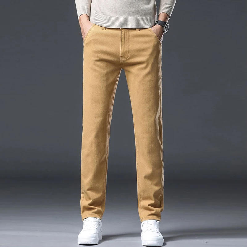 Мужские осенне-зимние новые повседневные эластичные джинсы, мужские свободные прямые джинсовые брюки больших размеров, модные облегающие глиняно-желтые брюки