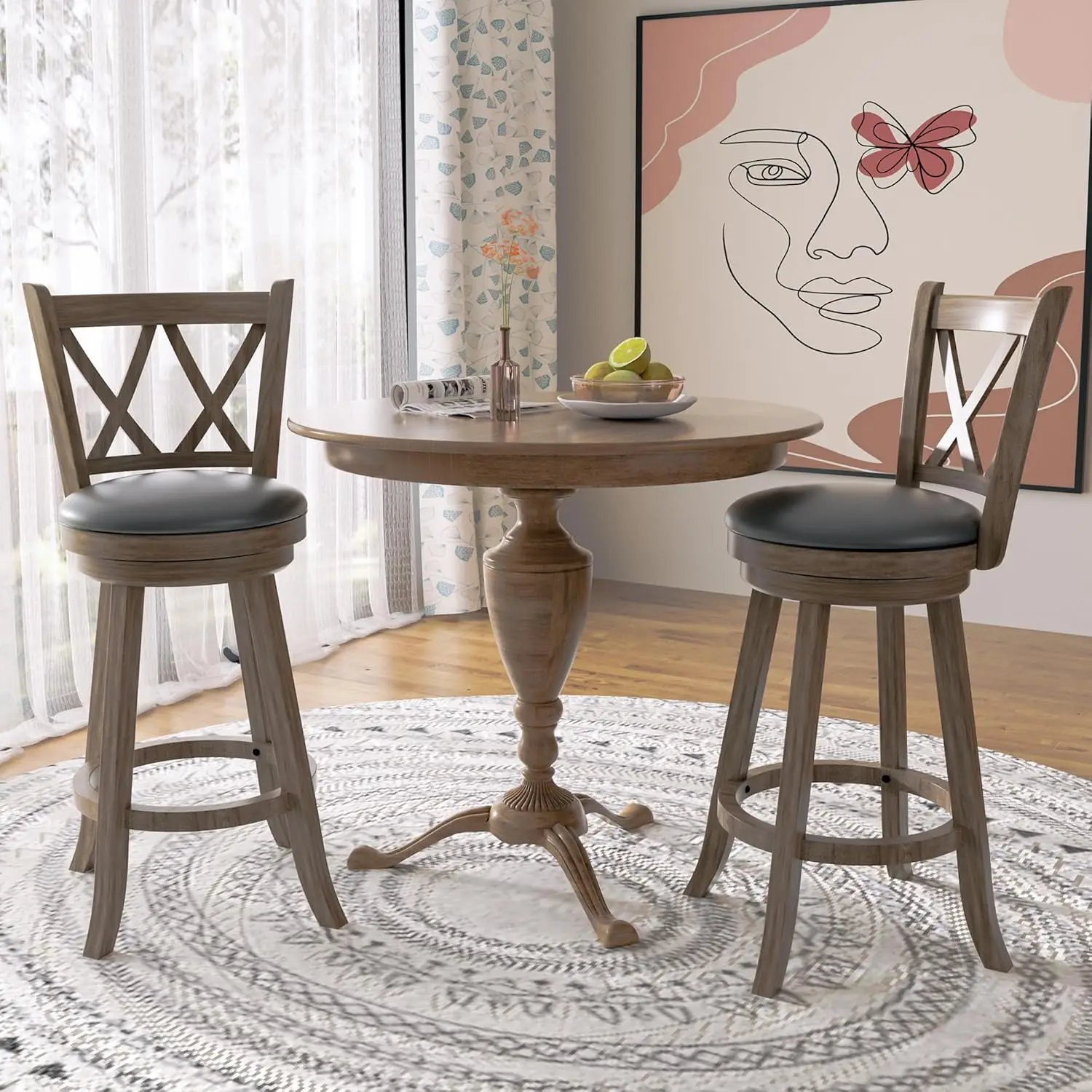 

Bar Stools with X-Back, Seat Height Counter Height Swivel Barstools with PVC Cushioned Seat, Footrest & Wood Legs