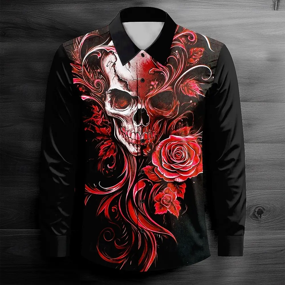 

Fashion Skull Pattern 3d Print Men Long Sleeve Shirts Art Shirt Autumn Casual Single-Breasted Festival Blouse Men's Clothing