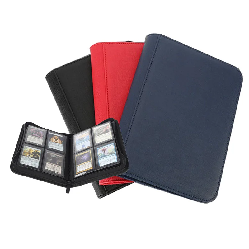 PU Leather 160 Pockets Cards Side Loading Binder TCG Game Zipper Card Album With 4 Sealed Fixed Pockets Pages For MG/PKM/FOW/YGO