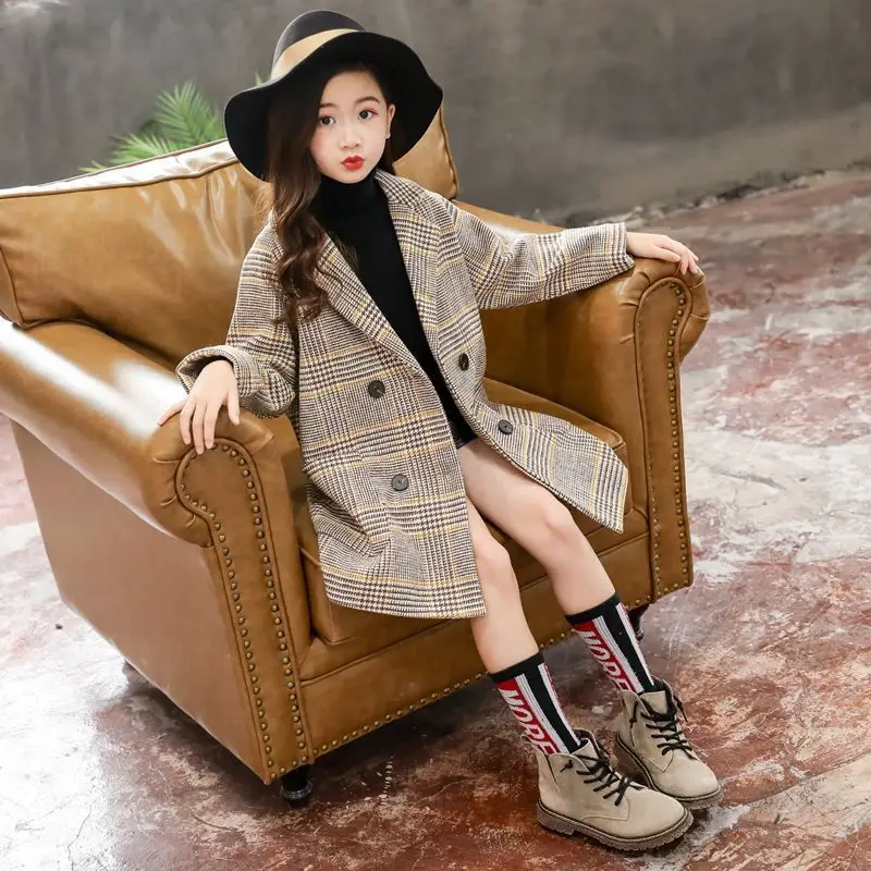 Winter Woolen Coat for Girl Girls Plaid OuterwearThick Jacket Toddler  Kids Clothes Autumn England Teenage Trench School Uniform