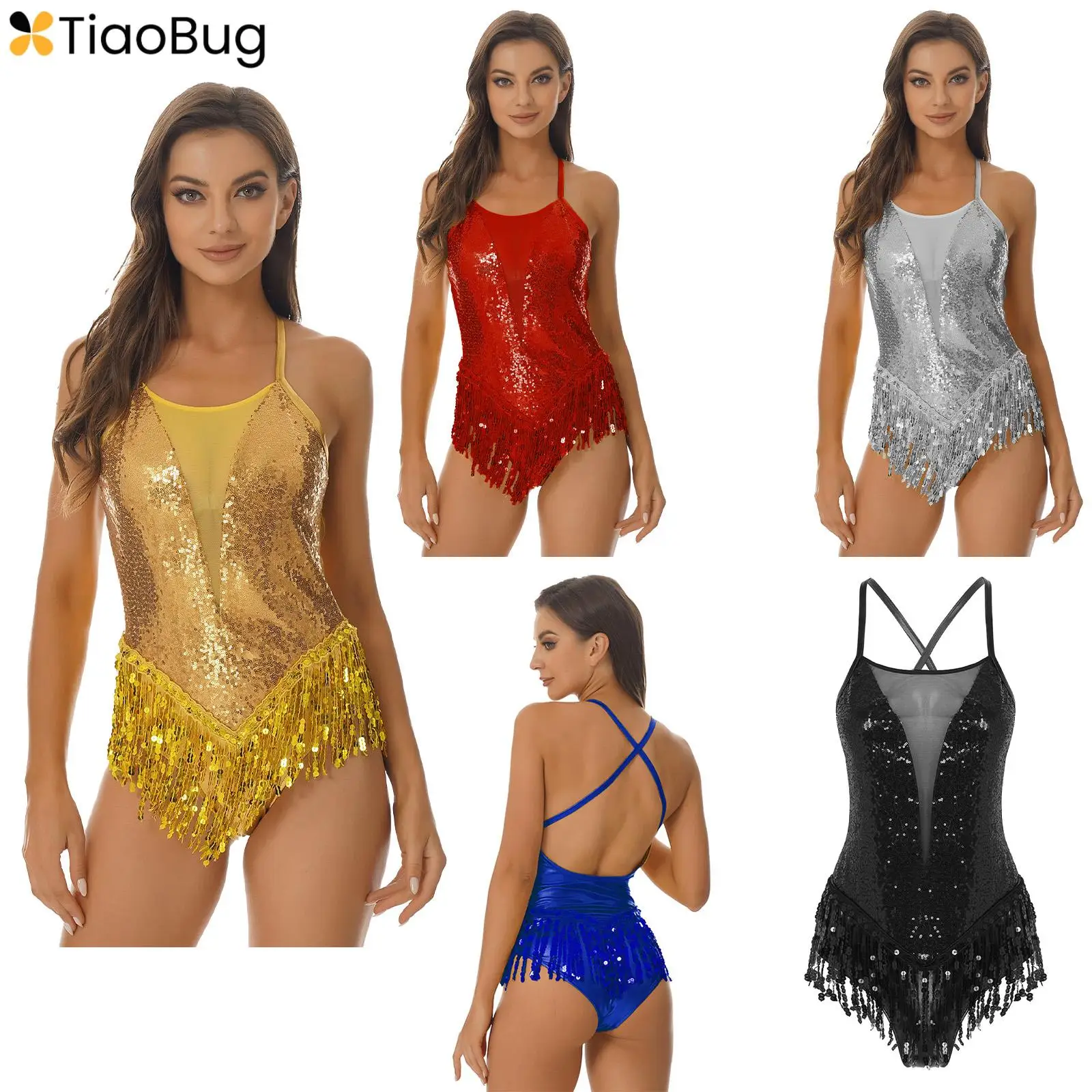 Womens Sequins Latin Dance Dress Fringed Tutu Skirt Leotard Jazz Modern Salsa Tango Ballroom Performance Costume Dancewear