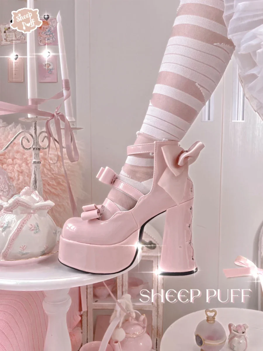 Sweet Cute Princess Lolita Kawaii Platform Shoes Bandage Hot Girl Bow Heel Summer Heels Chunky Heels Pumps