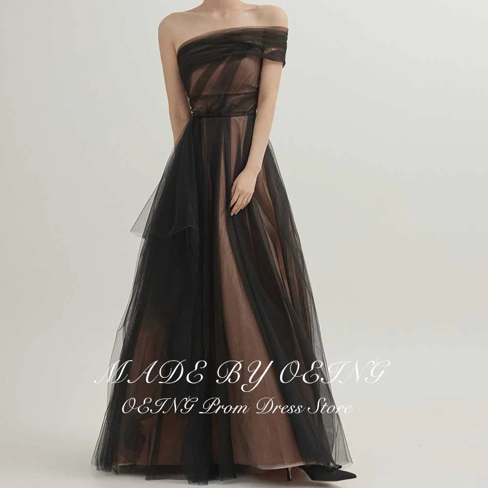 OEING Black Tulle Evening Dresses Korea Fairy One Shoulder Party Formal Prom Gowns Corset Back Floor Length Wedding Photoshoot