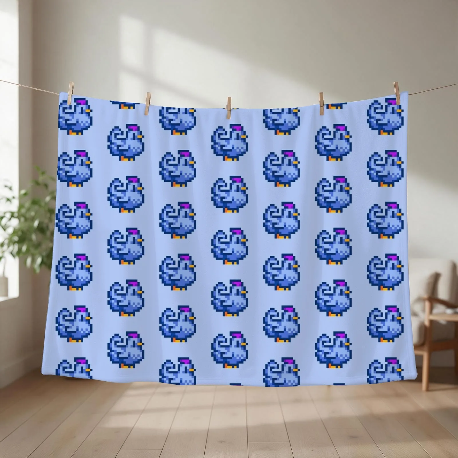 Stardew Valley Pixel Blue Chicken Throw Blanket couch cozy soft plush fuzzy picnic outdoor blanket