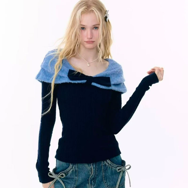 

Новый стиль, модный дизайн, футболка с длинными рукавами и бантом Fried Dough Twists, осень и зима 2026, тонкий вязаный пуловер для женщин