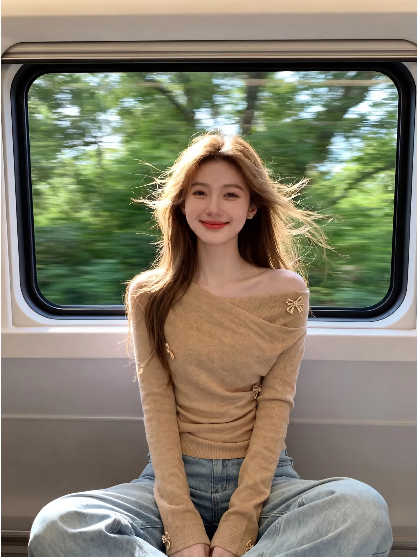 

Warm Orange Cross-Bow Tie Slim Fit Top for Women Spring New Style Commute Wind Knitted Long Sleeve Casual Style Fashionable
